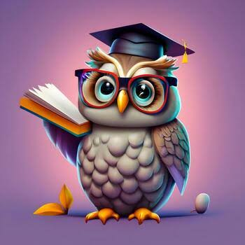 A cheerful owl wearing glasses and a graduation cap while holding a book